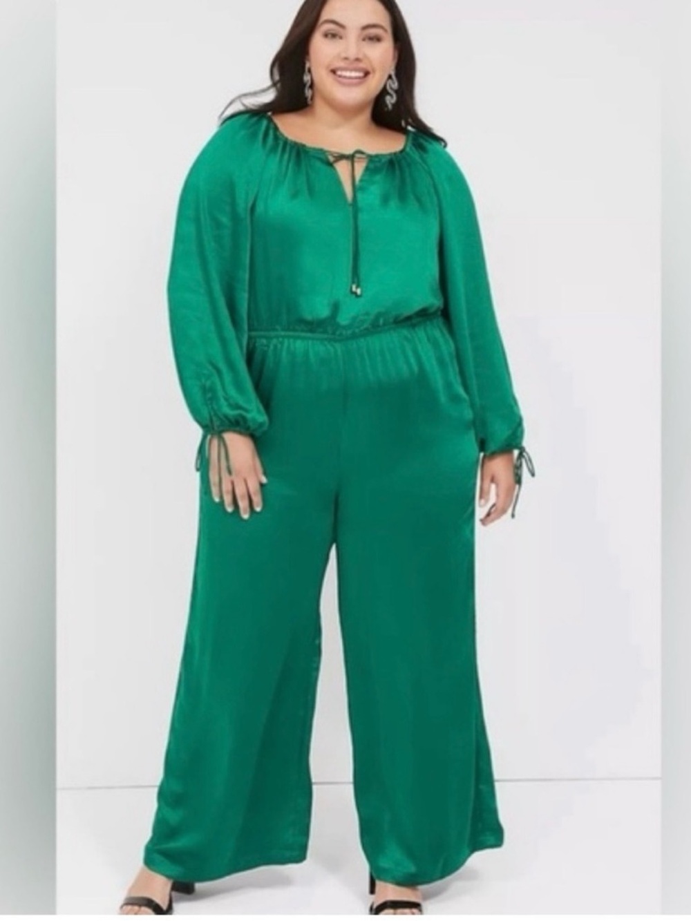 Lane Bryant Emerald Green Satin Wide-Leg Jumpsuit